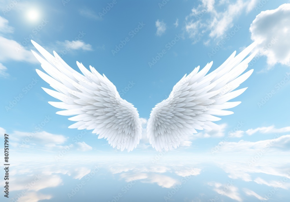 Fototapeta premium Angelic white wings against a blue sky with clouds