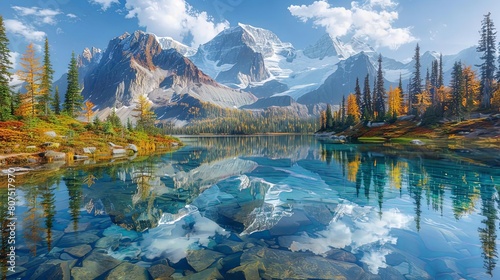 majestic mountain reflections on a serene lake surrounded by lush green trees and a clear blue sky, with fluffy white clouds adding to the picturesque scenery