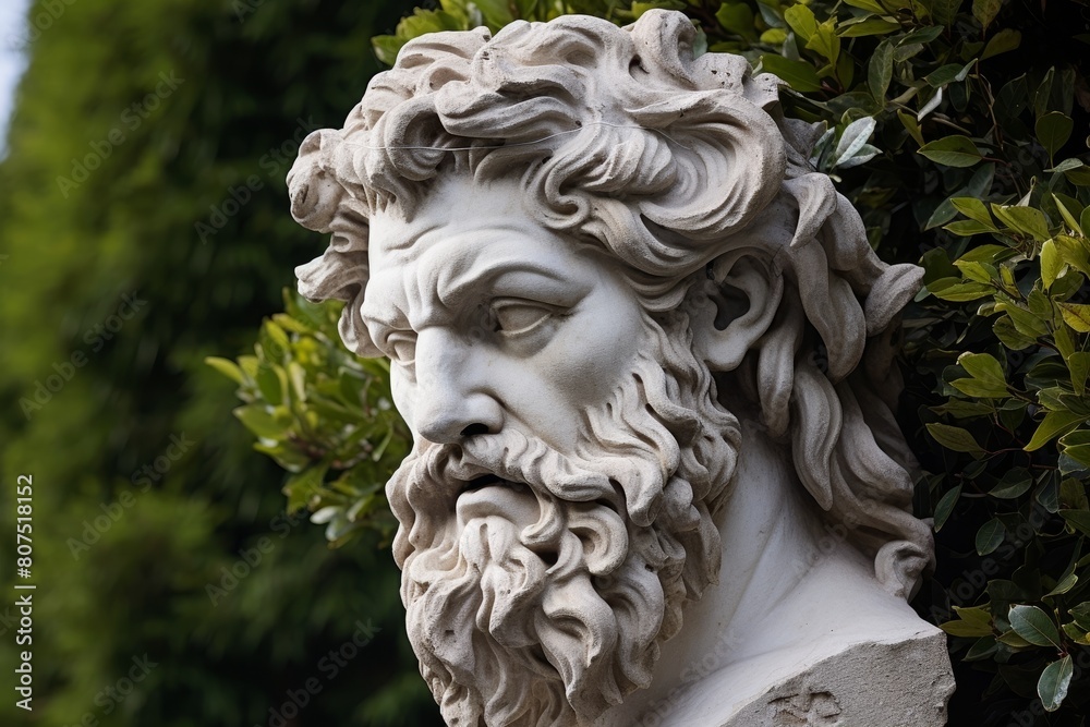 Detailed stone sculpture of a bearded man in a garden