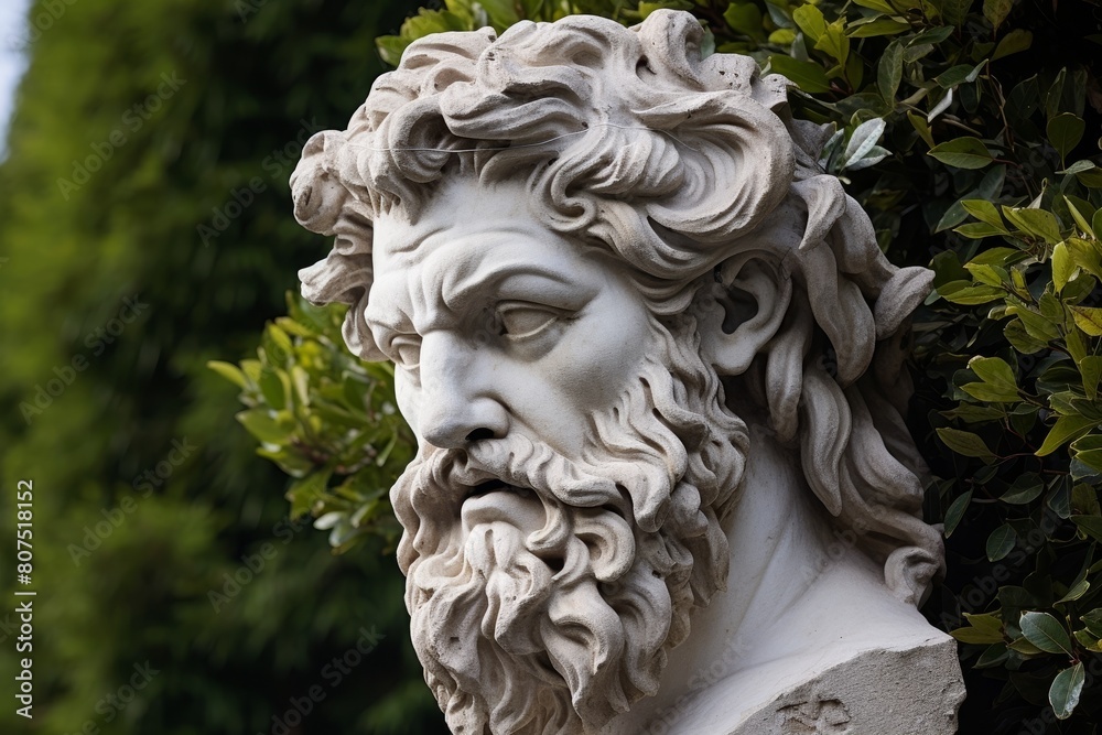 Detailed stone sculpture of a bearded man in a garden Detailed stone sculpture of a bearded man in a garden
