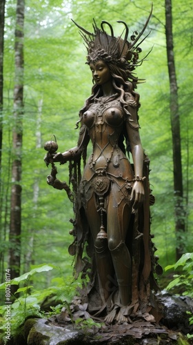 Mysterious forest spirit statue in lush green woodland © Balaraw