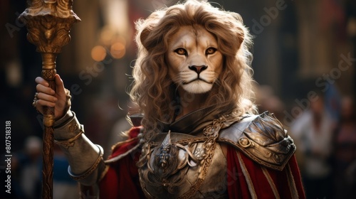 Majestic lion warrior in ornate armor wielding scepter