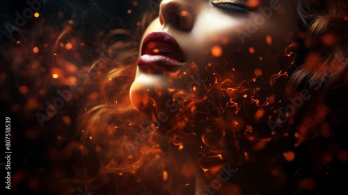 Glowing hot lips emitting fiery sparks in a mystical, dark environment