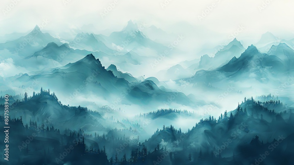 mystical mountain mists rise above a lush green forest, with a lone tree standing tall in the foreground