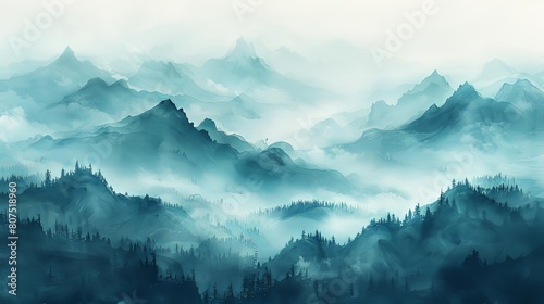 mystical mountain mists rise above a lush green forest  with a lone tree standing tall in the foreground