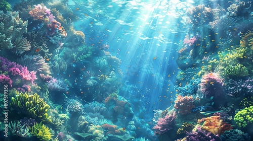 oceanic dreamscape adventures featuring a vibrant underwater world with a variety of colorful fish, including orange, yellow, and green varieties, as well as a vibrant purple flower