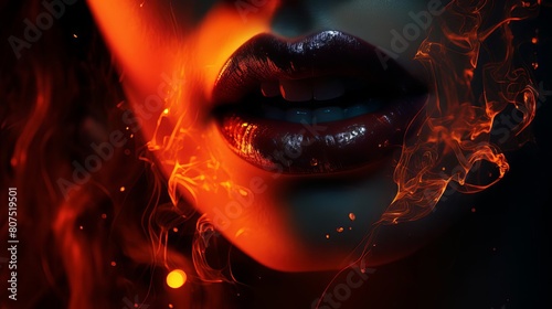 Cyberpunk inspired fiery lips glowing intensely in a dark, surreal setting photo