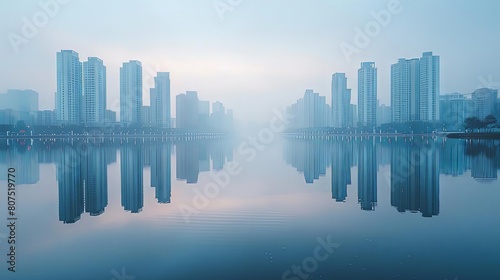 reflections of urban serenity on calm blue waters with tall buildings and a green tree in the background, under a clear blue sky