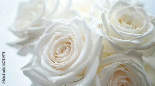 Close-up of delicate white roses  their intricate details captured in sharp focus against the pure white backdrop.