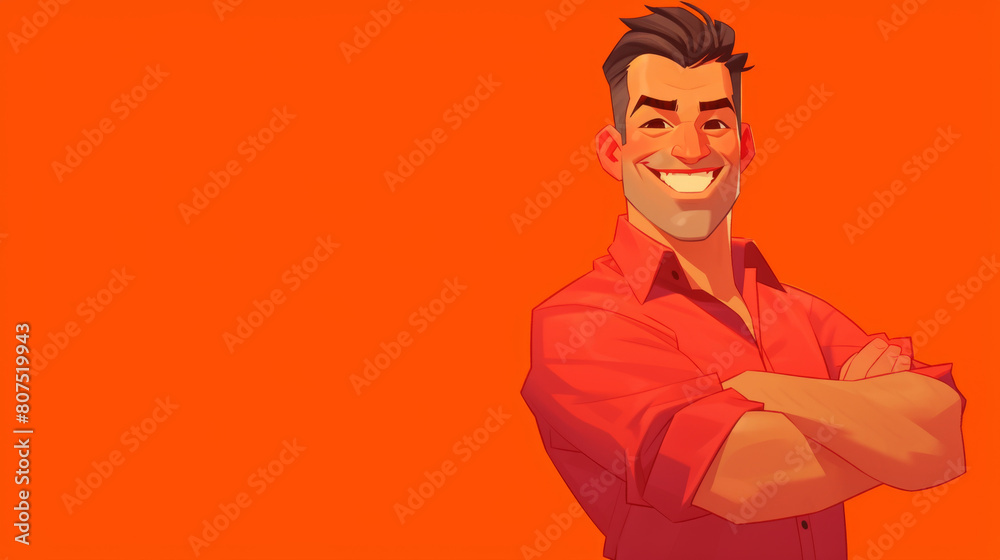 A man in a red shirt is smiling and has his arms crossed