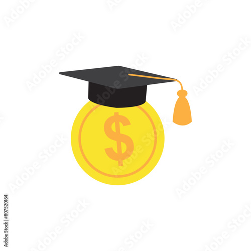 Education and money vector illustration, flat cartoon graduation hat and coin, concept of scholarship cost or loan, tuition or study fee, value of student knowledge, learning success