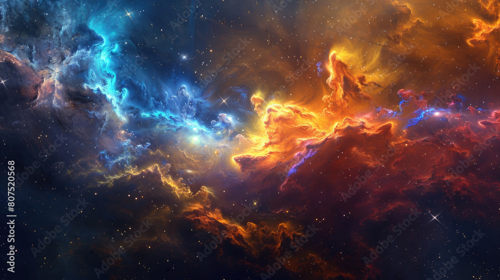 Fototapeta premium Amazing nebula with bright colors, swirling clouds of gas and dust on outer space background