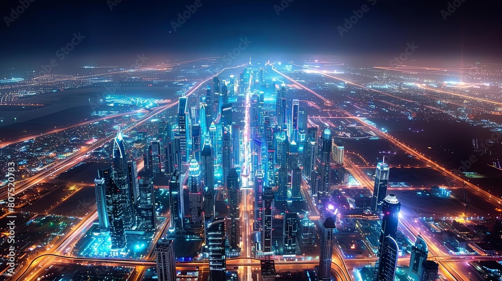 stunning night aerials of urban cities illuminated by the city lights, featuring a bustling street with illuminated buildings, a towering skyscraper, and a serene river flowing through the center