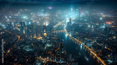 stunning night aerials of urban cities illuminated by the city lights, featuring a towering skyscraper, a bustling street, and a serene river flowing through the center #807520781