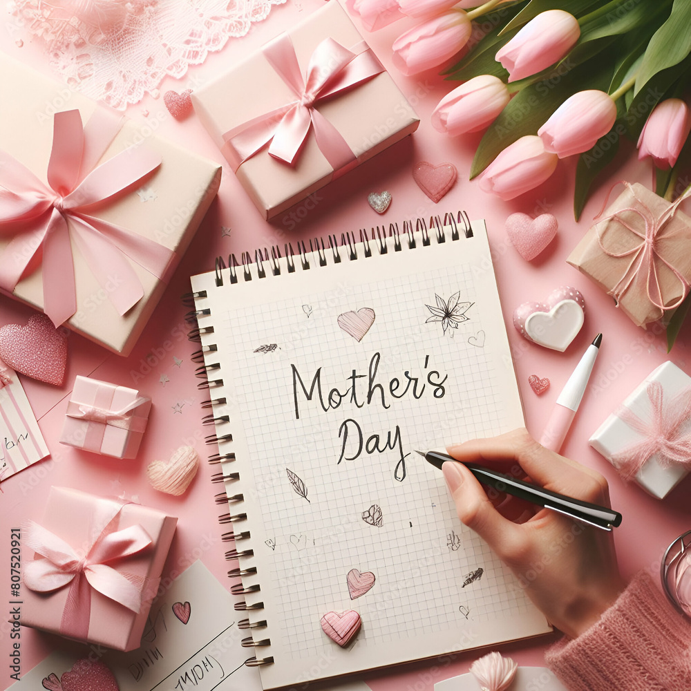 Pink background, Mother's Day tribute, handwriting, gifts and flowers, generative AI Pink background, Mother's Day tribute, handwriting, gifts and flowers, generative AI