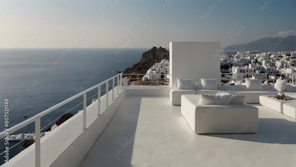 A sea of white, a solitary balcony beckons, its backdrop a canvas of solid purity ai_generated