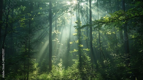 sunlit forest clearings with tall trees and a lone tree in the foreground