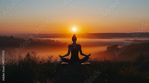 sunrise yoga serenity a serene scene of a person meditating on a calm body of water, surrounded by a lush green tree and an orange sky, with the shining sun casting a