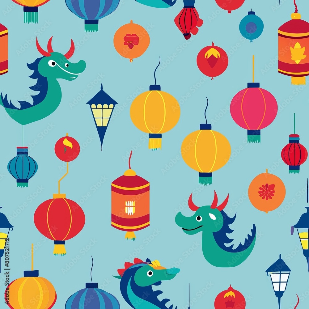 Seamless pattern of colorful lanterns and festive dragons, capturing the vibrancy of traditional Asian festivals, Generative AI