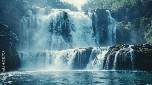 thunderous waterfall views of a serene lake surrounded by lush green trees and a clear blue sky, with a prominent large rock in the foreground