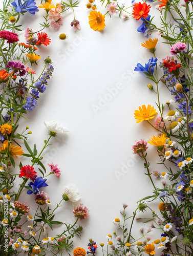 Flowers arranged creatively in a circle on white background