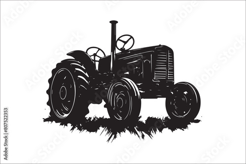 Tractor Silhouette illustration vector with black Classic old tractor on white background.