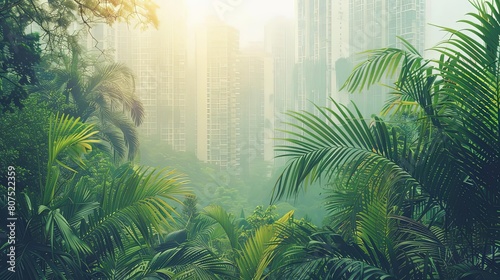 urban jungle canopy with towering skyscrapers and lush greenery