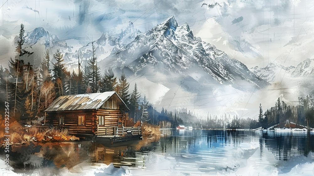 Fototapeta premium A Wooden Cabin Embraced by a Tranquil River, Encircled by Towering Snow-Covered Mountains, Depicted in an Artful Painting Style with Textured Brushstrokes