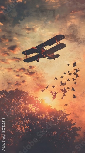 Vintage Toy Biplane Soaring Through the Golden Hour Sky  A Nostalgic Journey of Wonder and