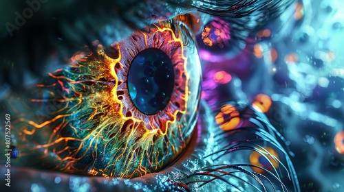 A glowing eye with intricate glowing veins and a glowing blue iris.