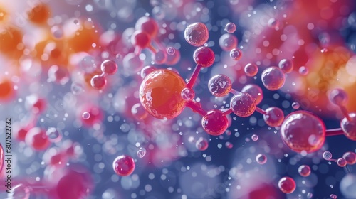 Pink and orange molecules floating in blue liquid