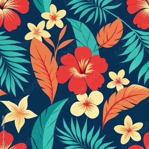Seamless pattern of lush tropical flowers and palm fronds  evoking the exotic beauty of Southeast Asia  Generative AI