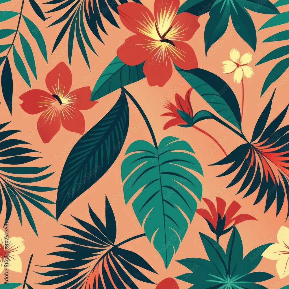 Seamless pattern of lush tropical flowers and palm fronds, evoking the exotic beauty of Southeast Asia, Generative AI