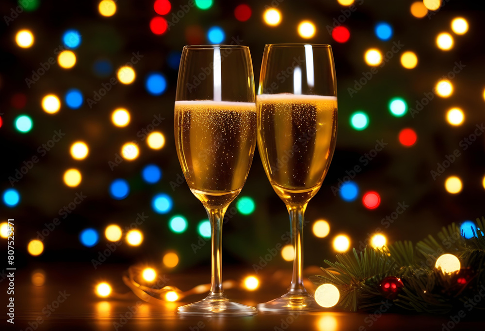 Two glasses of champagne with colorful blurred lights in the background Two glasses of champagne with colorful blurred lights in the background