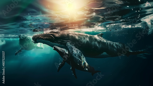 whales swimming underwater, wildlife in sea and ocean. 4K Wallpaper and Background for desktop, laptop, Computer, Tablet, Mobile Cell Phone, Smartphone, Cellphone
