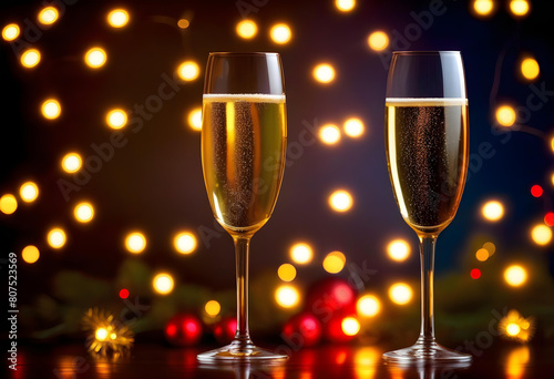 Two glasses of champagne with colorful lights in the background