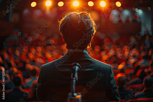  A man standing on the stage of an auditorium, facing away from us and looking at his audience in red seats. Created with Ai photo
