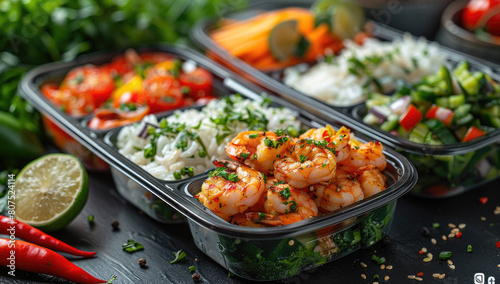 A vibrant and mouthwatering photo of shrimps with rice, vegetables, and lime in black plastic lunch boxes on the table. Created with Ai photo