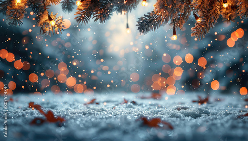  Beautiful Christmas background with snowcovered road in the forest, lights and bokeh effects. Created with Ai photo