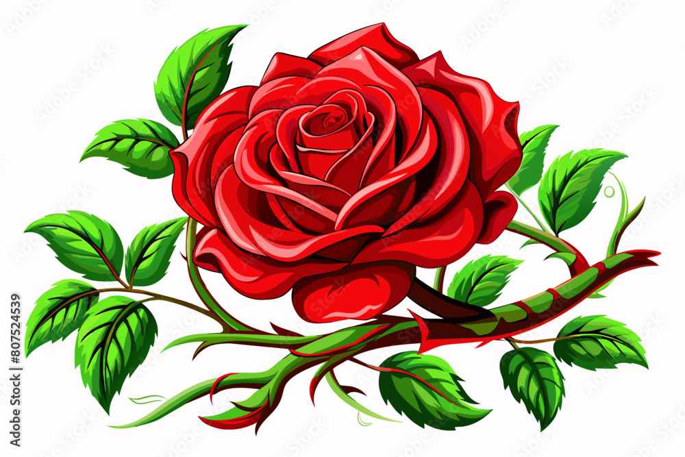 red rose with leaves Vector illustration on white background, silhouette, bird, icon, svg, characters, Holiday t shirt, Hand drawn trendy Vector illustration, Rose flower
