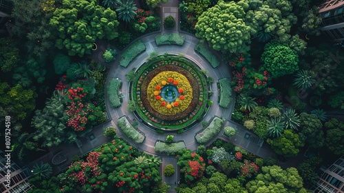 aerial cities with beautiful flower gardens, featuring a building in the foreground