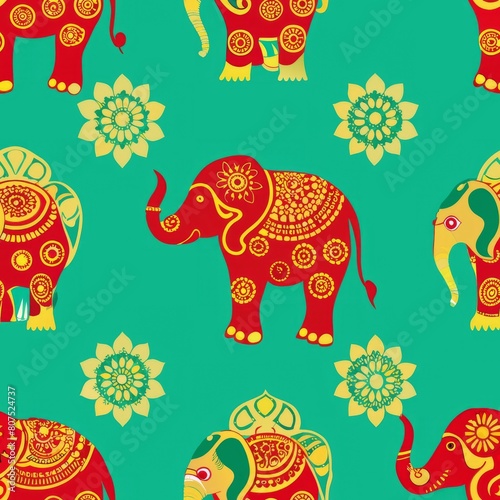 Seamless pattern of majestic Asian elephants adorned with intricate floral garlands and decorative motifs  Generative AI