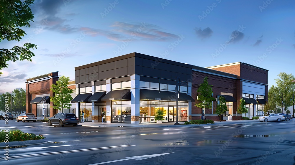 Newly constructed retail and business building with awning, currently offering space for purchase or rental in a combined storefront and office setting. copy space for text. Newly constructed retail and business building with awning, currently offering space for purchase or rental in a combined storefront and office setting. copy space for text.