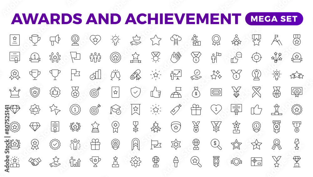 Reward icon set vector. Success icon, Contains icons prize, trophy, winner, gift, bonus card illustration.Set of Winner medal, cup and Laurel wreath award icons. Award line Reward, Certificate. Reward icon set vector. Success icon, Contains icons prize, trophy, winner, gift, bonus card illustration.Set of Winner medal, cup and Laurel wreath award icons. Award line Reward, Certificate.