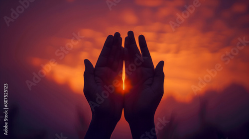 silhouette praying hands with faith in religion and belief in God on blessing background. Power of hope or love and devotion. Hopeful background