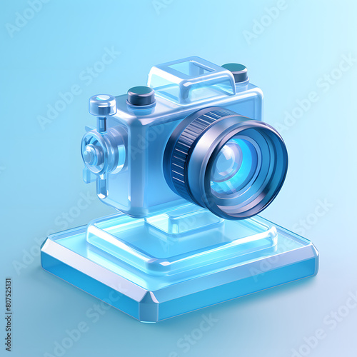 Digital technology 3d blue and white transparent glass camera icon