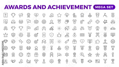 Reward icon set vector. Success icon, Contains icons prize, trophy, winner, gift, bonus card illustration.Set of Winner medal, cup and Laurel wreath award icons. Award line Reward, Certificate.