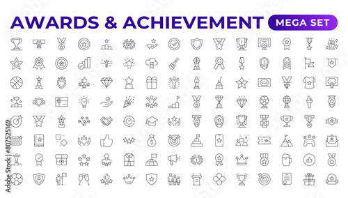 Reward icon set vector. Success icon, Contains icons prize, trophy, winner, gift, bonus card illustration.Set of Winner medal, cup and Laurel wreath award icons. Award line Reward, Certificate.