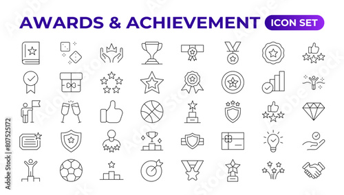 Reward icon set vector. Success icon, Contains icons prize, trophy, winner, gift, bonus card illustration.Set of Winner medal, cup and Laurel wreath award icons. Award line Reward, Certificate.