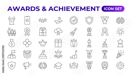 Reward icon set vector. Success icon, Contains icons prize, trophy, winner, gift, bonus card illustration.Set of Winner medal, cup and Laurel wreath award icons. Award line Reward, Certificate.